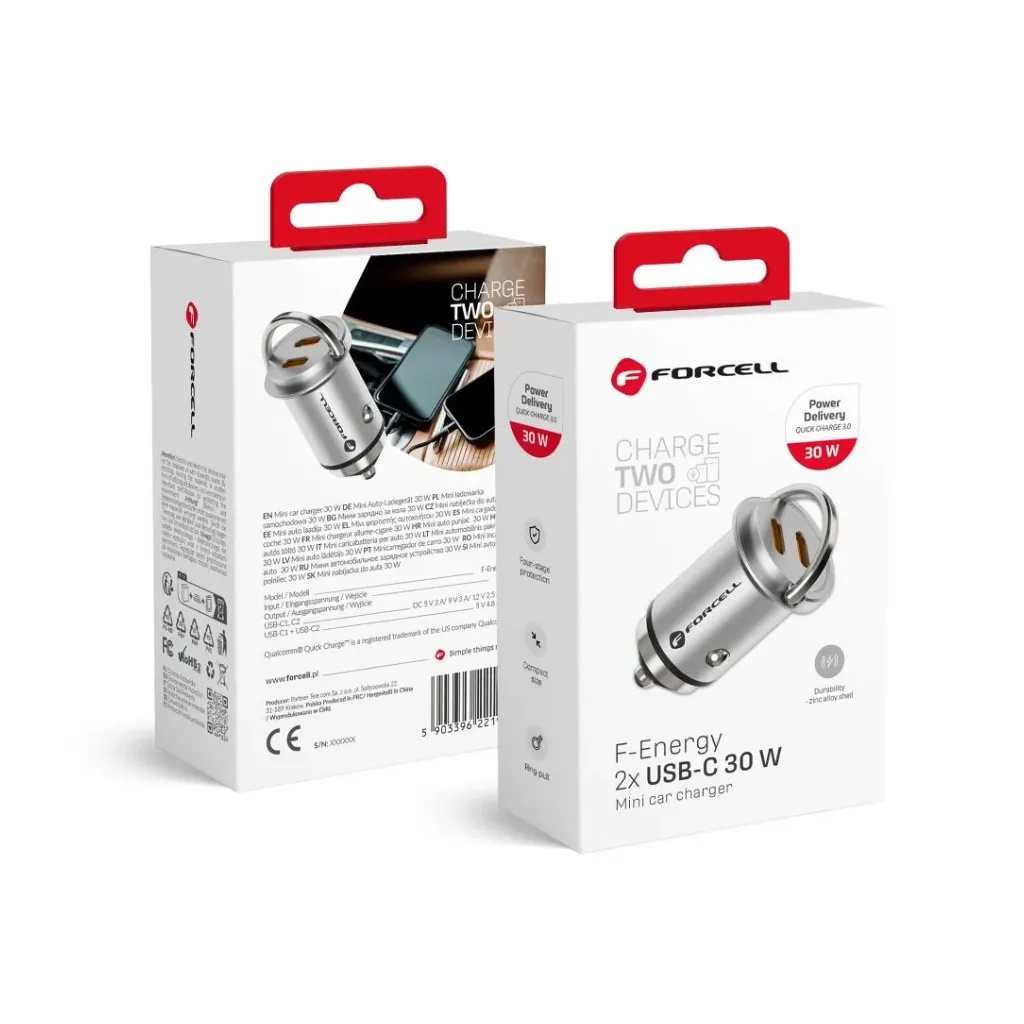 Forcell auto adapter F-Energy Mini USB C + USB 20W