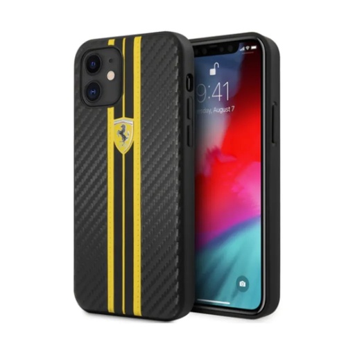 Ferrari maska Carbon Effect Yellow Stripes (iPhone 12 Mini, crno)