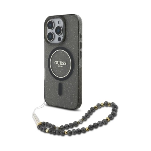 Guess maska MagSafe Glitter Beads Strap (iPhone 16, crno)
