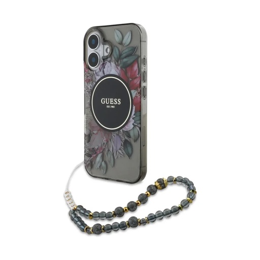 Guess maska MagSafe Flowers Beads Strap (iPhone 16, crno)