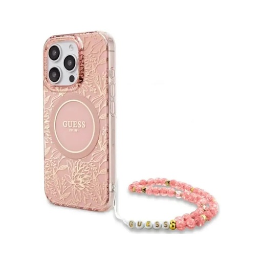 Guess maska MagSafe Electroplated Flowers Beads Strap (iPhone 16, ružičasto)