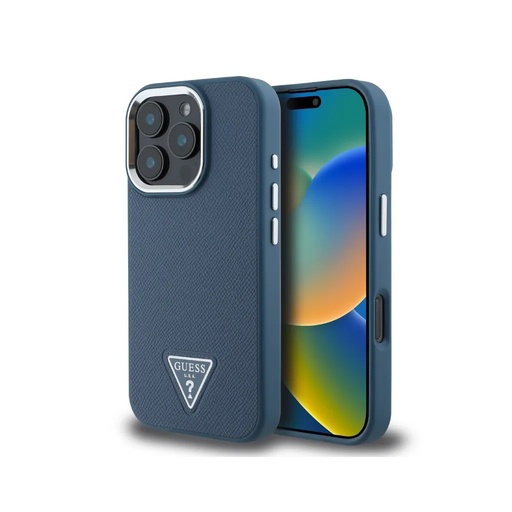 Guess maska MagSafe Grained Triangle Logo (iPhone 16 Pro, plavo)