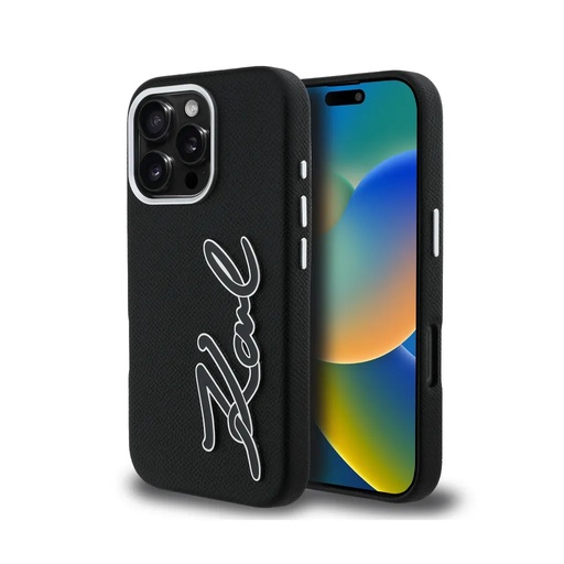 Karl Lagerfeld Phone Case Grained Resin Signature Logo (iPhone 16 Pro Max, black)