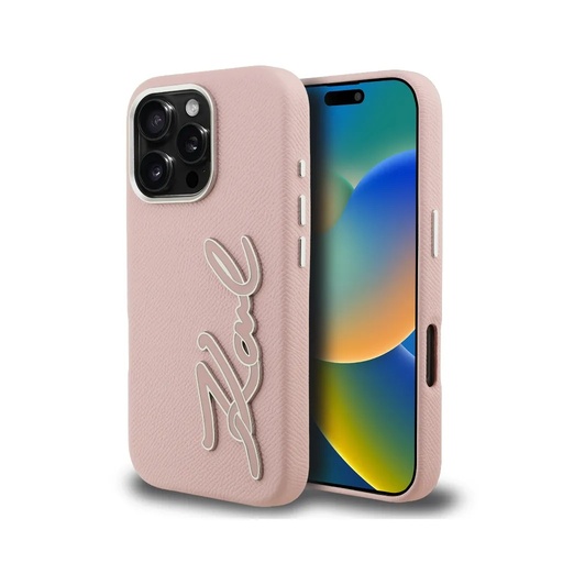Karl Lagerfeld maska Grained Resin Signature Logo (iPhone 16 Pro Max, ružičasto)