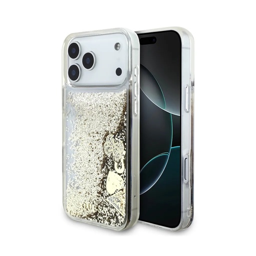 Guess maska Liquid Glitter 4 Charms (iPhone 17 Pro, zlatno)