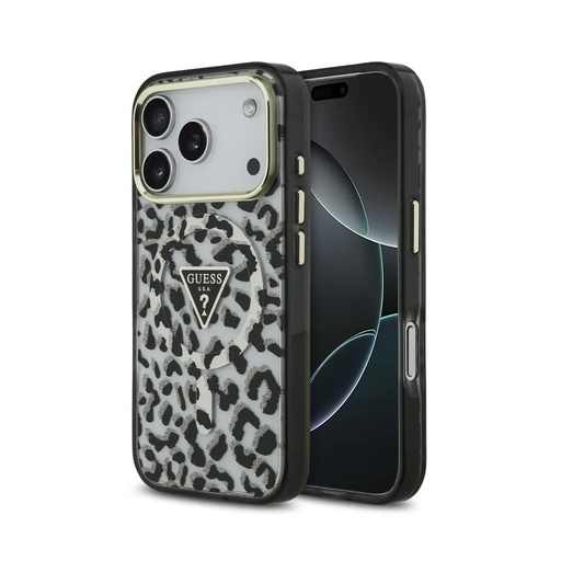 Guess Phone Case MagSafe Leopard Glitter Triangle Logo (iPhone 17 Pro Max, black)