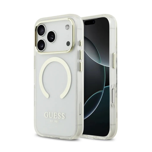 Guess maska MagSafe Gold Outline & Logo (iPhone 17 Pro Max, prozirno)